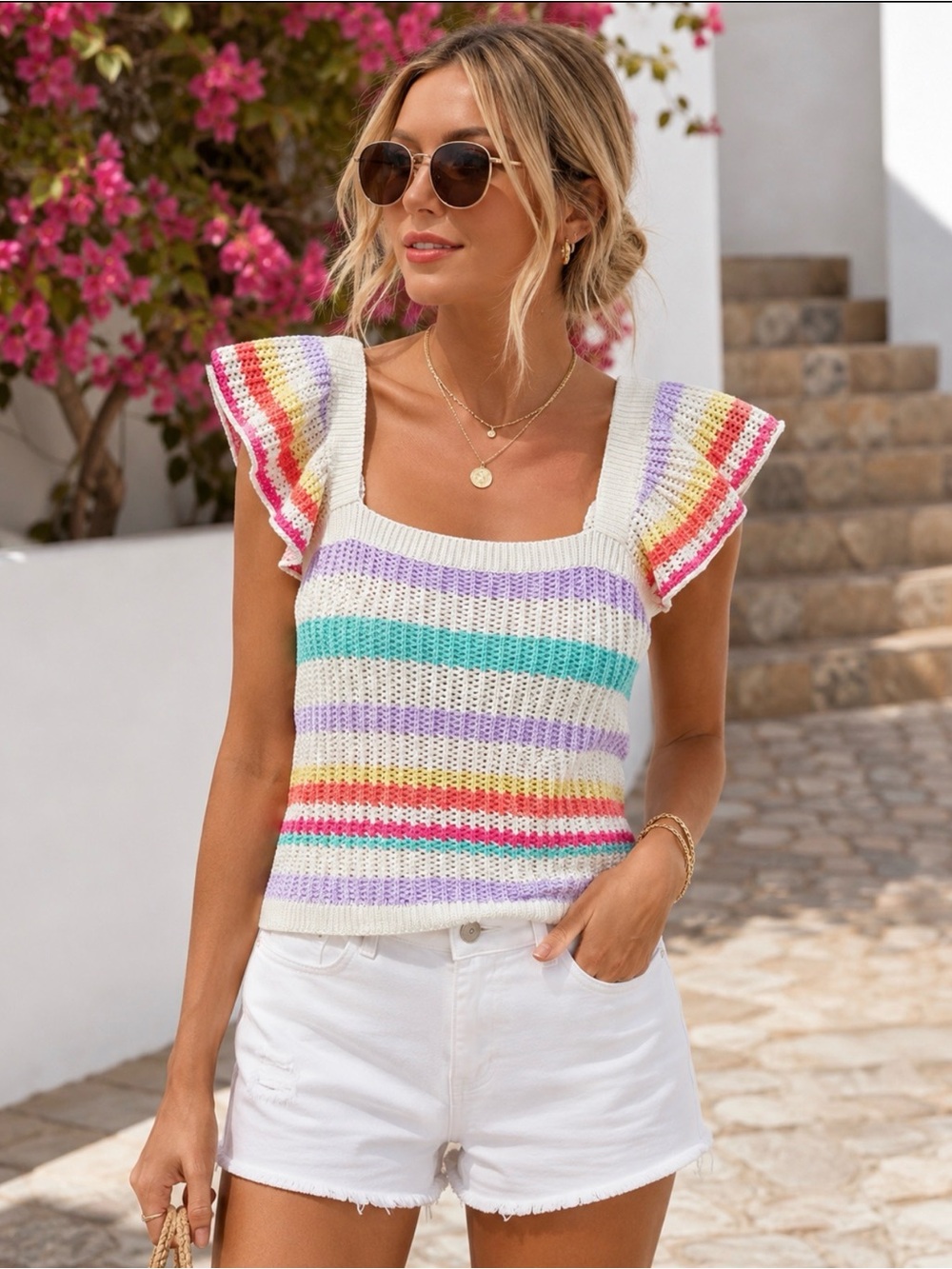 Weekend Los Angeles Rainbow Stripe Crochet Knit Flutter Sleeve Crop Top M